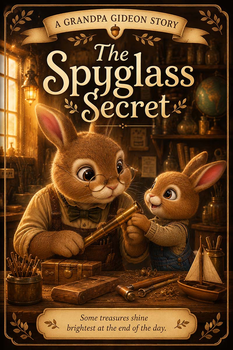 Story illustration of rabbit characters Grandpa Gideon and grandson Pip at a workbench collaborating on a telescope project