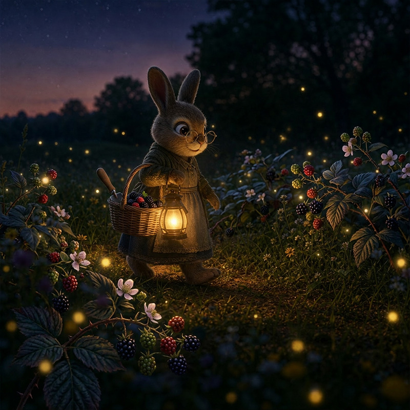 Grandmother rabbit walking home along the meadow path with a lantern and a basket of blackberries.