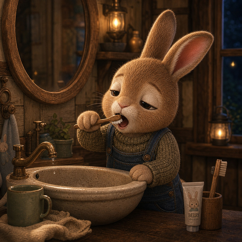 A sleepy Pip brushing his teeth before bed.