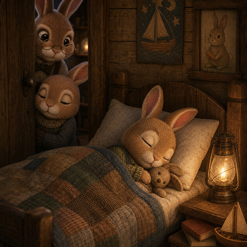 Pip fast asleep in bed while Grandma and Grandpa rabbit look in on him fondly.