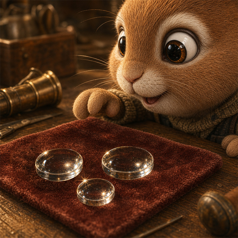 Pip looking excitedly at the tiny glass lenses on the workbench, eager to help fit them into the spyglass.