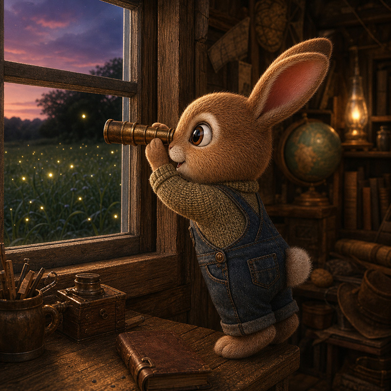 Pip peering through the finished spyglass at fireflies rising above the meadow grass at dusk.