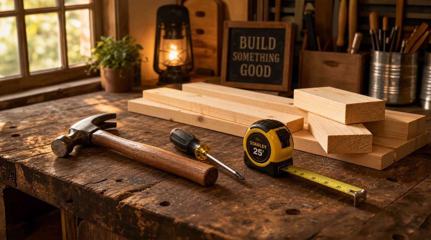 Woodworking hand tools laid out for a DIY rabbit hutch project